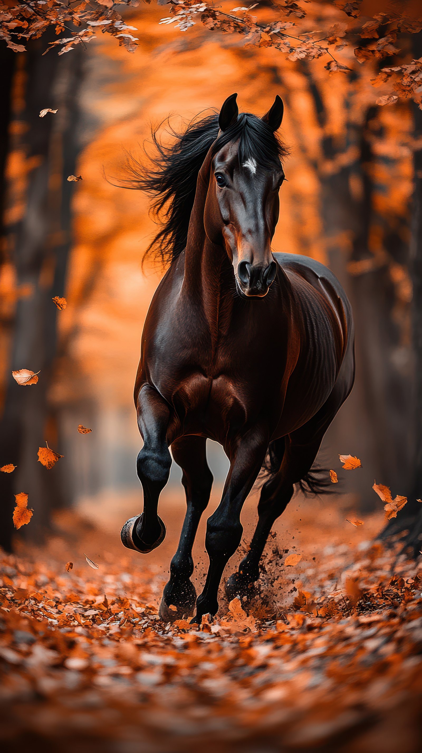 Black horse gallops through autumn forest with vibrant orange leaves scattered on the ground